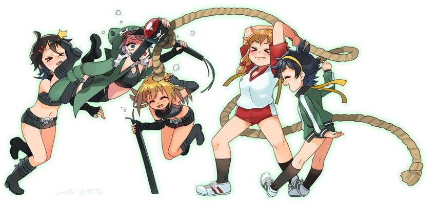 5girls, animal_hat, black_hair, blonde_hair, blue_hair, closed_eyes, closed_mouth, dark_blue_hair, ensemble_girls!, hat, hiiragi_runa, hisayoshi_(hisa), long_hair, multicolored_hair, multiple_girls, open_mouth, orange_hair, purple_hair, qoo_caloa, short_hair, short_hair_with_long_locks, taiga_isami, takihara_tsurugi, tug_of_war, yakabe_hikaru