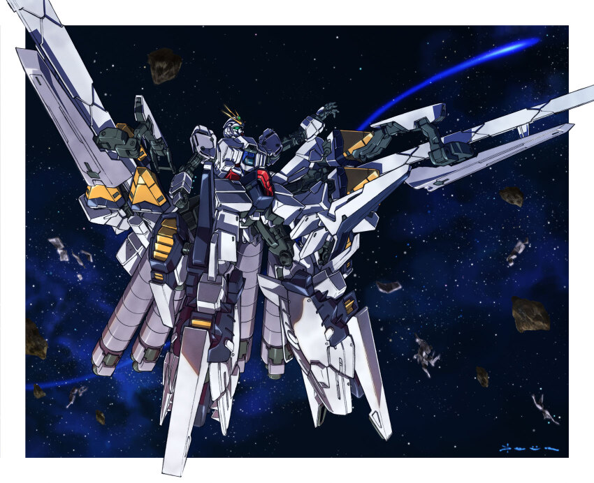 asteroid, beam_cannon, border, daue, green_eyes, gundam, gundam_narrative, hand_up