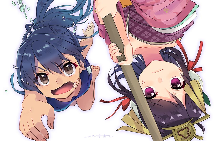 2girls, blue_hair, blue_one-piece_swimsuit, brown_eyes, closed_mouth, clothing_request, ensemble_girls!, high_ponytail