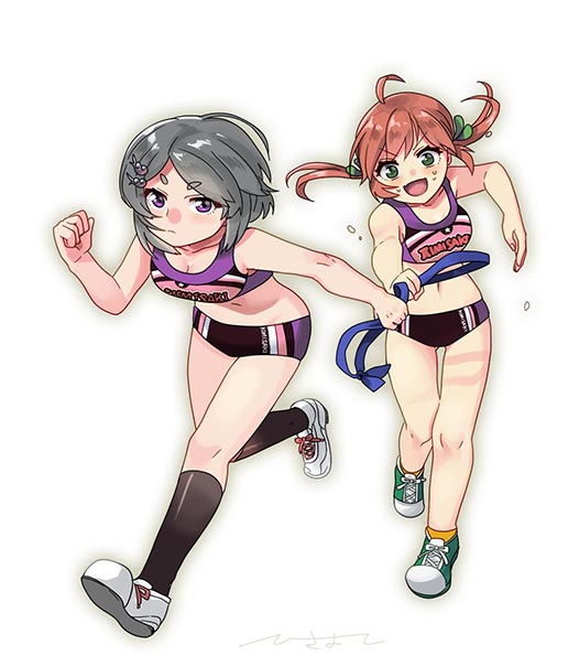 2girls, black_socks, crop_top, ensemble_girls!, exercising, green_eyes, grey_hair, hisayoshi_(hisa), iwato_san, jogging, long_hair, multiple_girls, orange_hair, purple_eyes, sakaki_mutsumi, shoes, short_hair, shorts, sneakers, socks, twintails, white_background, yellow_socks