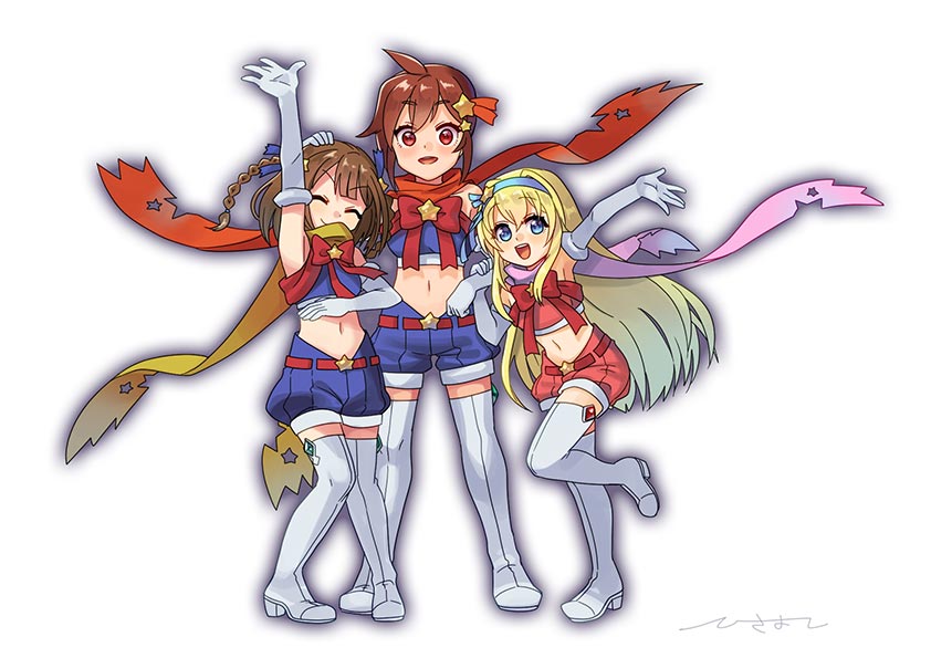 3girls, blonde_hair, blue_eyes, brown_hair, closed_eyes, double_bun, ensemble_girls!, full_body