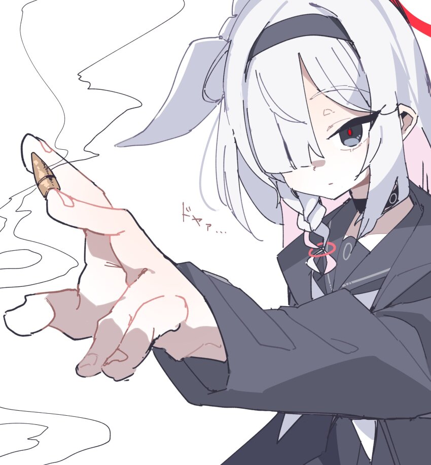 1girl, between_fingers, black_coat, black_eyes, black_hairband, black_sailor_collar, black_serafuku, blue_archive, blunt_bangs, braid, bullet, catching_bullet, choker, closed_mouth, coat, expressionless, hair_over_one_eye, hair_ribbon, hairband, halo, highres, holding, holding_bullet, koyansuee, long_sleeves, looking_ahead, neckerchief, open_clothes, open_coat, outstretched_arm, plana_(blue_archive), raised_eyebrows, red_pupils, ribbon, sailor_collar, school_uniform, serafuku, side_braid, smoke, smoke_trail, solo, upper_body, white_background, white_hair, white_neckerchief, white_ribbon