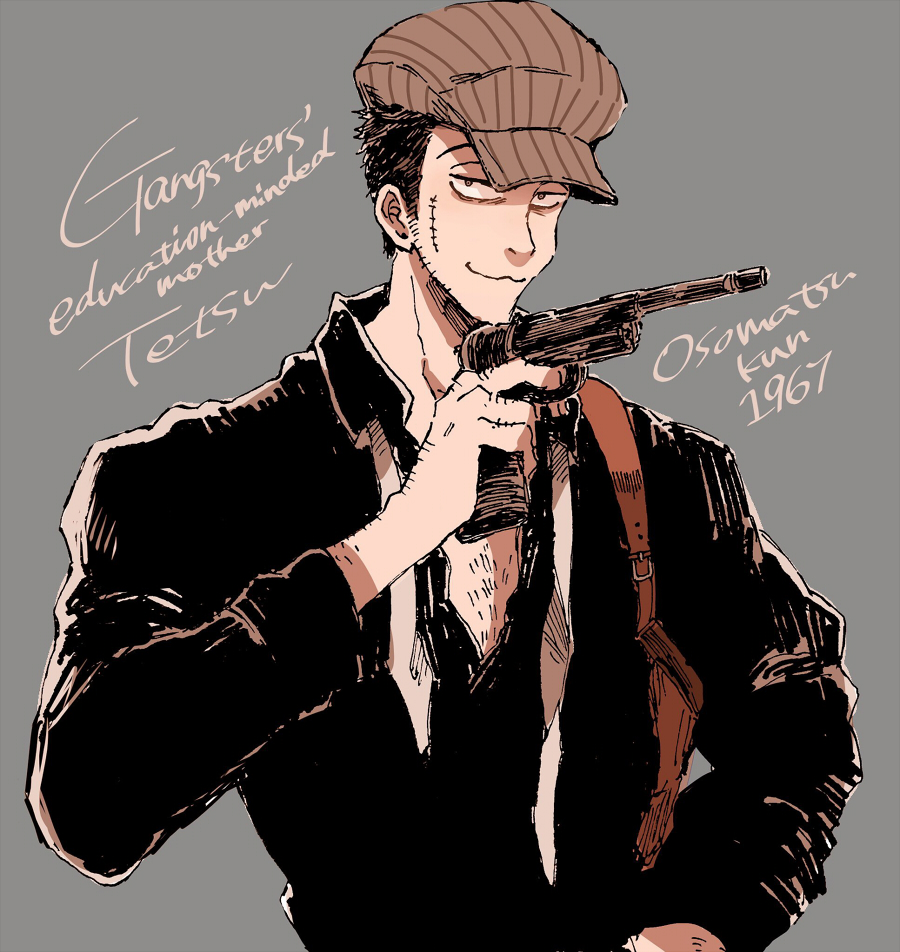 1boy, black_hair, black_shirt, brown_headwear, grey_background, gun, hand_on_own_hip, hat