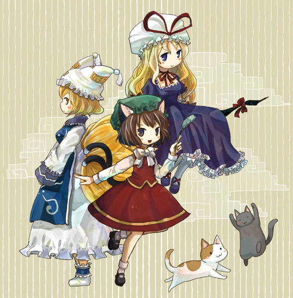 3girls, animal_ears, bad_id, bad_pixiv_id, blonde_hair, brown_eyes, brown_hair, cat