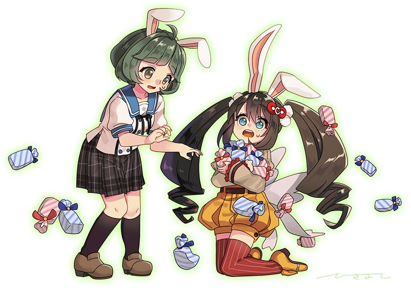 2girls, animal_ears, black_hair, blue_eyes, ensemble_girls!, fake_animal_ears, green_eyes, green_hair