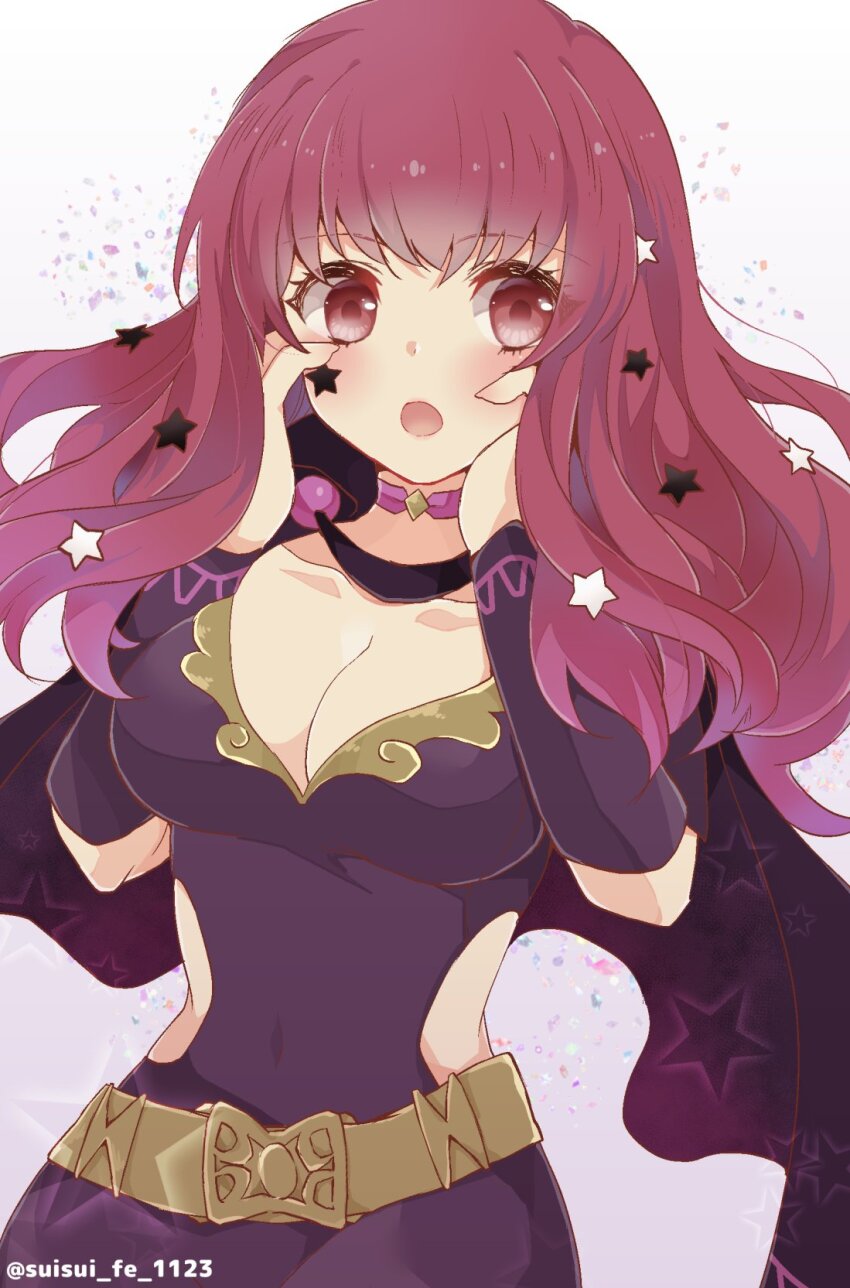 1girl, belt, black_cape, breasts, cape, choker, cleavage, clothing_cutout, covered_navel, fire_emblem, fire_emblem_engage, hair_ornament, highres, large_breasts, long_hair, medium_breasts, nintendo, pink_choker, red_eyes, red_hair, side_cutout, solo, star_(symbol), star_hair_ornament, sui_(aruko91), twitter_username, yunaka_(fire_emblem)