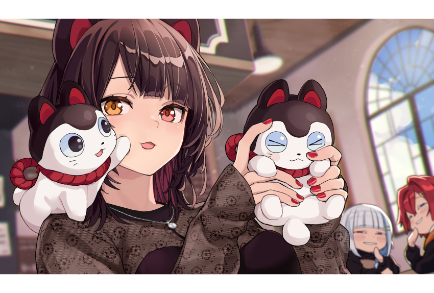 3girls, ange_katrina, ange_katrina_(casual), animal, anya's_heh_face_(meme), blunt_bangs, blush, border