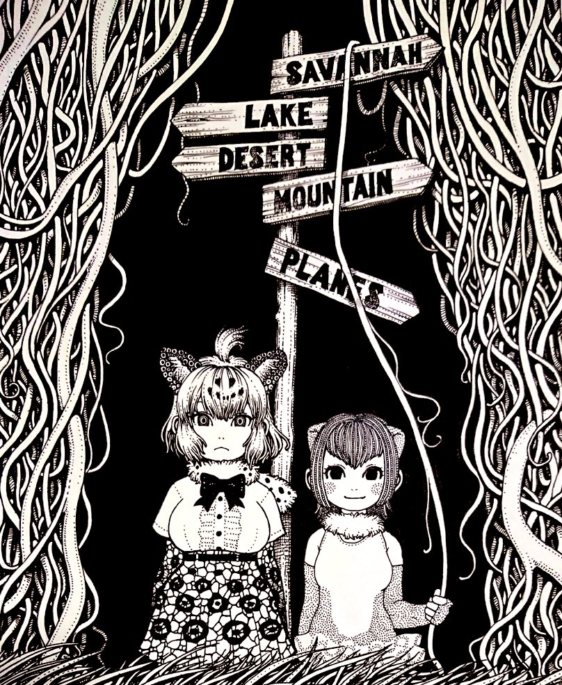 2girls, animal_ears, animal_print, arm_at_side, arms_at_sides, blush_stickers, bow, bowtie