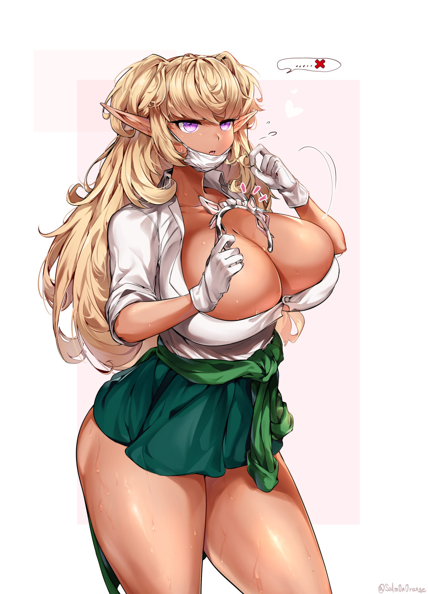 ..., 1girl, absurdres, animal_print, blonde_hair, breasts, cleavage, clothes_around_waist