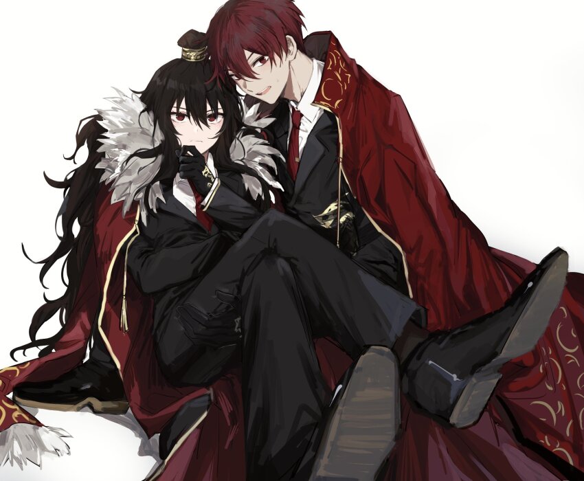 1boy, 1girl, black_footwear, black_gloves, black_hair, black_jacket, cape, carrying