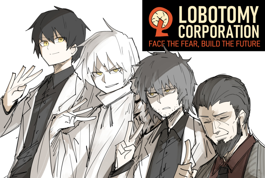 4boys, abel_(project_moon), abram_(project_moon), adam_(project_moon), ayin_(project_moon), beard, black_hair, facial_hair, grey_hair, index_finger_raised, kankan33333, lobotomy_corporation, long_hair, multiple_boys, old, old_man, project_moon, shaded_face, short_hair, sketch, spoilers, stubble, v, w, white_hair, yellow_eyes