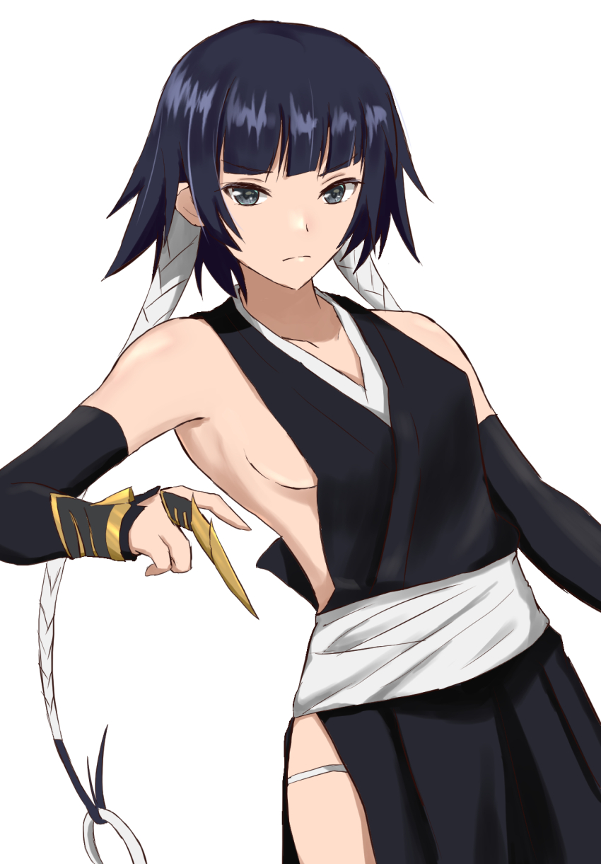 1girl, bare_shoulders, black_hair, black_kimono, black_sleeves, bleach, blunt_bangs, breasts