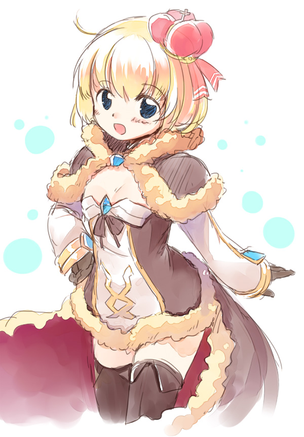 1girl, :d, black_gloves, black_thighhighs, blonde_hair, blue_eyes, blush, brown_cape