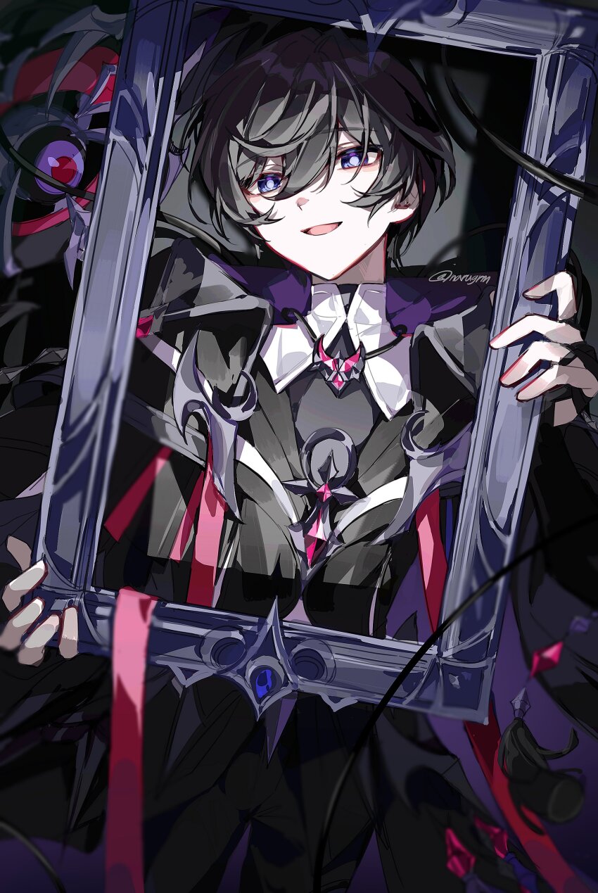 1boy, absurdres, black_background, black_hair, black_jacket, blue_eyes, elsword, highres, jacket, long_sleeves, looking_at_viewer, male_focus, morpheus_(elsword), narugrm, noah_ebalon, open_mouth, picture_frame, short_hair, smirk, solo