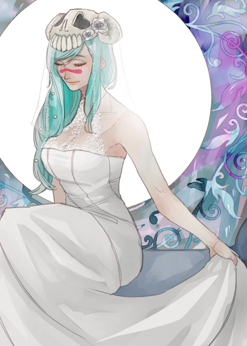 1girl, agatsumaattsu, alternate_costume, arrancar, bleach, breasts, bridal_veil, closed_eyes, commentary_request, dress, facial_mark, flower, green_hair, hair_flower, hair_ornament, holding_own_dress, large_breasts, long_dress, long_hair, nelliel_tu_odelschwanck, rose, simple_background, sitting, skull_on_head, solo, veil, wedding_dress, white_dress, white_flower, white_rose, white_veil