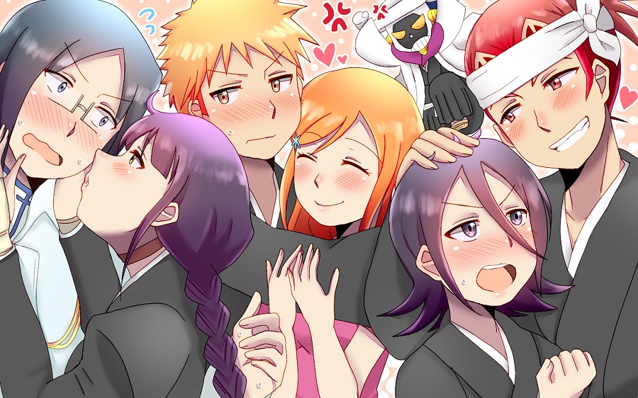 3girls, 4boys, abarai_renji, anger_vein, black_hair, black_kimono, bleach, blue_w_moon