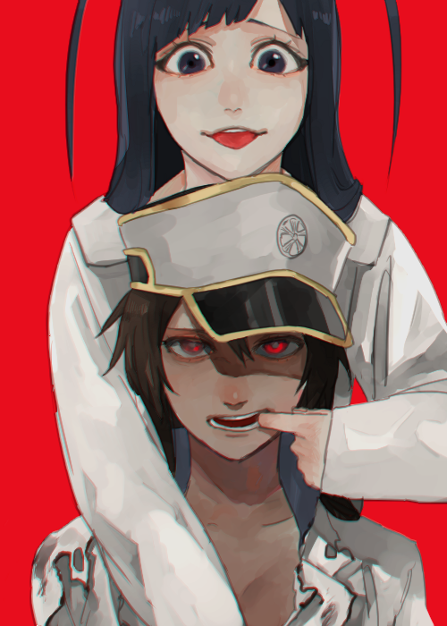 1boy, 1girl, agatsumaattsu, androgynous, asymmetrical_bangs, bambietta_basterbine, black_eyes, black_hair