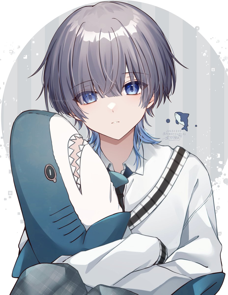 1boy, black_hair, blue_eyes, blue_hair, blue_necktie, collared_shirt, commentary, daifuku_mame_(kageroudt33)