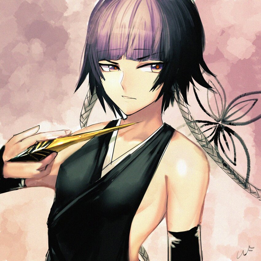 1girl, bare_shoulders, black_hair, black_kimono, black_sleeves, bleach, blunt_bangs, breasts, claw_ring, collarbone, detached_sleeves, highres, japanese_clothes, kimono, long_hair, looking_to_the_side, parted_lips, purple_eyes, sideless_outfit, simple_background, sketch, sleeves_past_wrists, small_breasts, solo, sui-feng, suzumebachi_(shikai), twintails, unf_(unotfound_404)