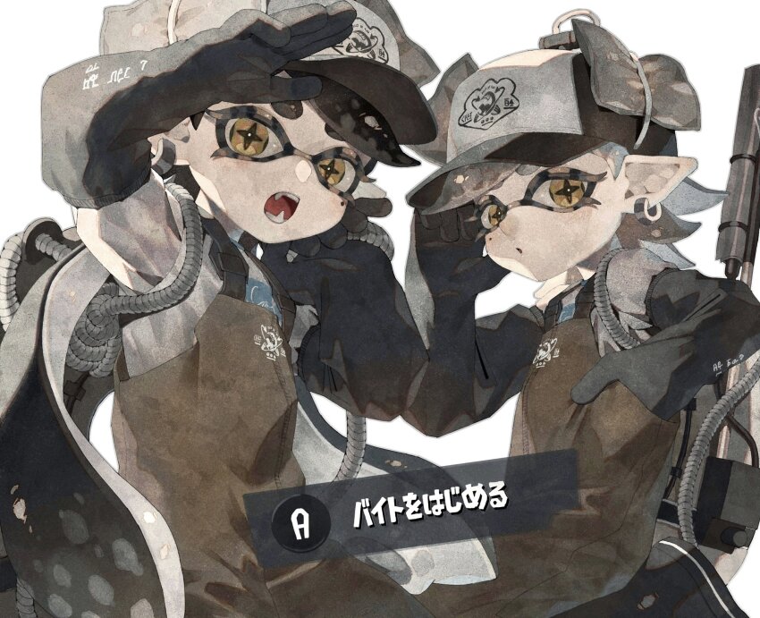 +_+, 2girls, arm_up, baseball_cap, black_footwear, black_gloves, black_hair, black_headwear, blush, boots, callie_(splatoon), clothes_writing, cowboy_shot, earrings, elbow_gloves, fangs, female_focus, flat_chest, gloves, grey_hair, hand_up, hat, highres, inkling, japanese_text, jewelry, kaji_(oni_atat), light_blush, long_hair, long_sleeves, looking_at_viewer, marie_(splatoon), mole, mole_under_eye, multiple_girls, muted_color, nintendo, open_mouth, orange_overalls, overalls, pointy_ears, radio_antenna, rope, salmon_run_(splatoon), shading_eyes, shirt, short_hair, siblings, simple_background, sisters, splatoon_(series), splatoon_3, standing, suction_cups, swept_bangs, teeth, tentacle_hair, tentacles, translation_request, twintails, white_background, white_shirt, yellow_eyes