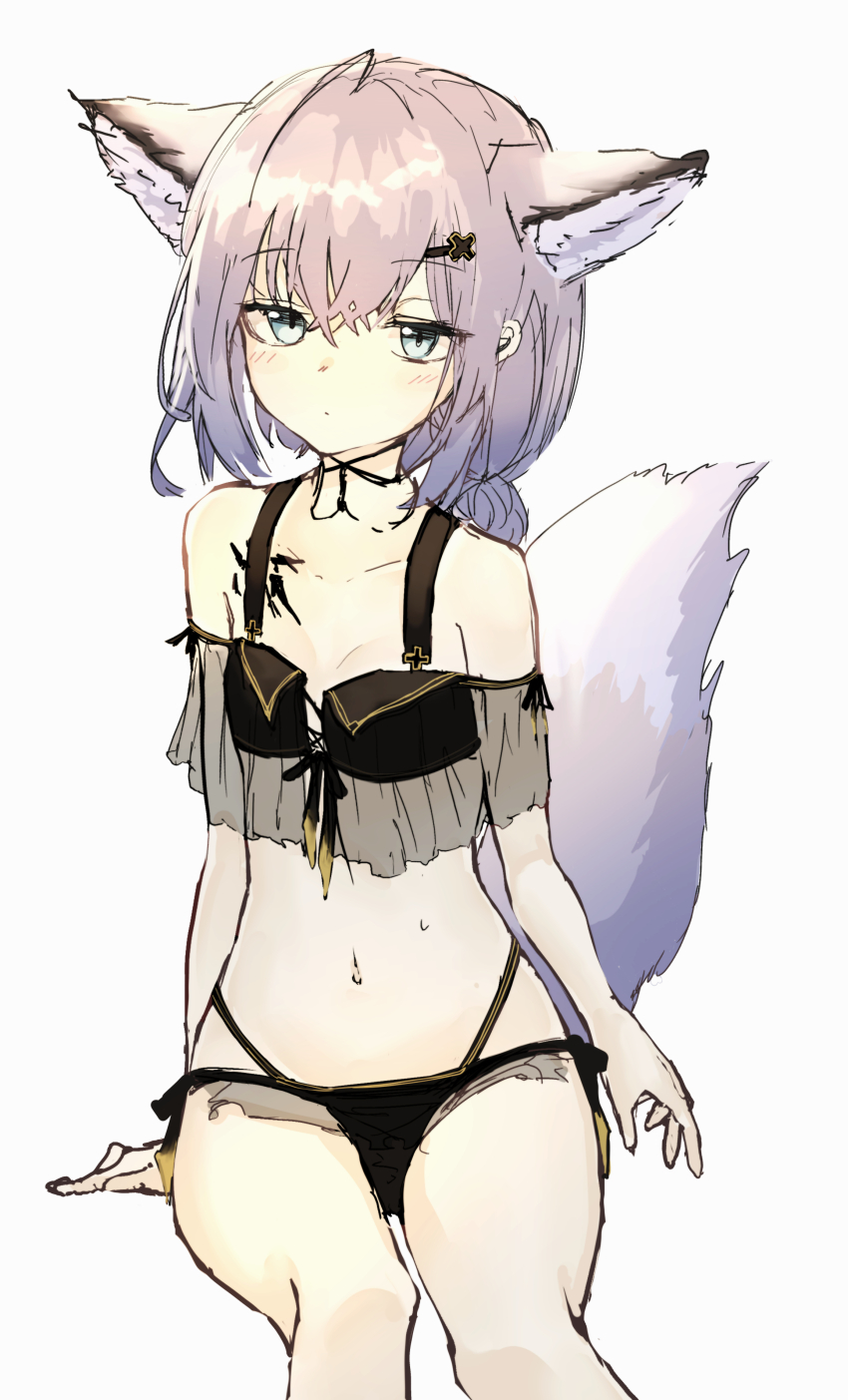 1girl, absurdres, animal_ear_fluff, animal_ears, arknights, bare_shoulders, bikini, black_bikini, blush, closed_mouth, commentary_request, feet_out_of_frame, fox_ears, fox_girl, fox_tail, grey_background, grey_eyes, grey_hair, hair_between_eyes, hair_ornament, hairclip, highres, long_hair, looking_at_viewer, miyopiwi, navel, see-through_clothes, simple_background, sitting, solo, sussurro_(arknights), sussurro_(summer_flower)_(arknights), sweat, swimsuit, tail, x_hair_ornament