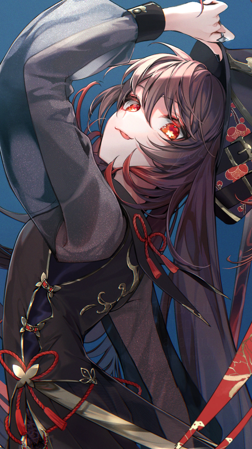 1girl, :p, alternate_costume, arms_up, black_hat, black_nails, blue_background, brown_hair