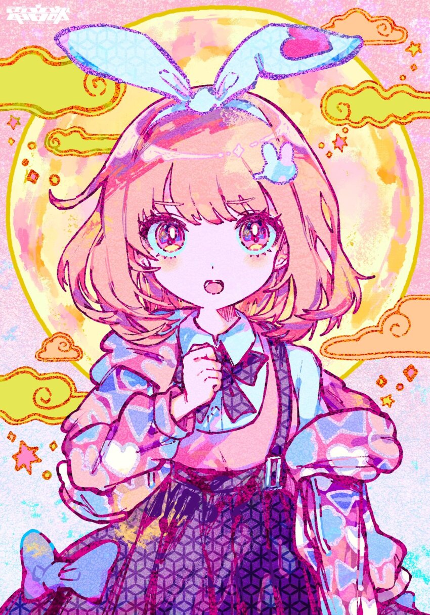 1girl, animal_ears, black_bow, black_bowtie, black_skirt, blue_bow, blush, bow