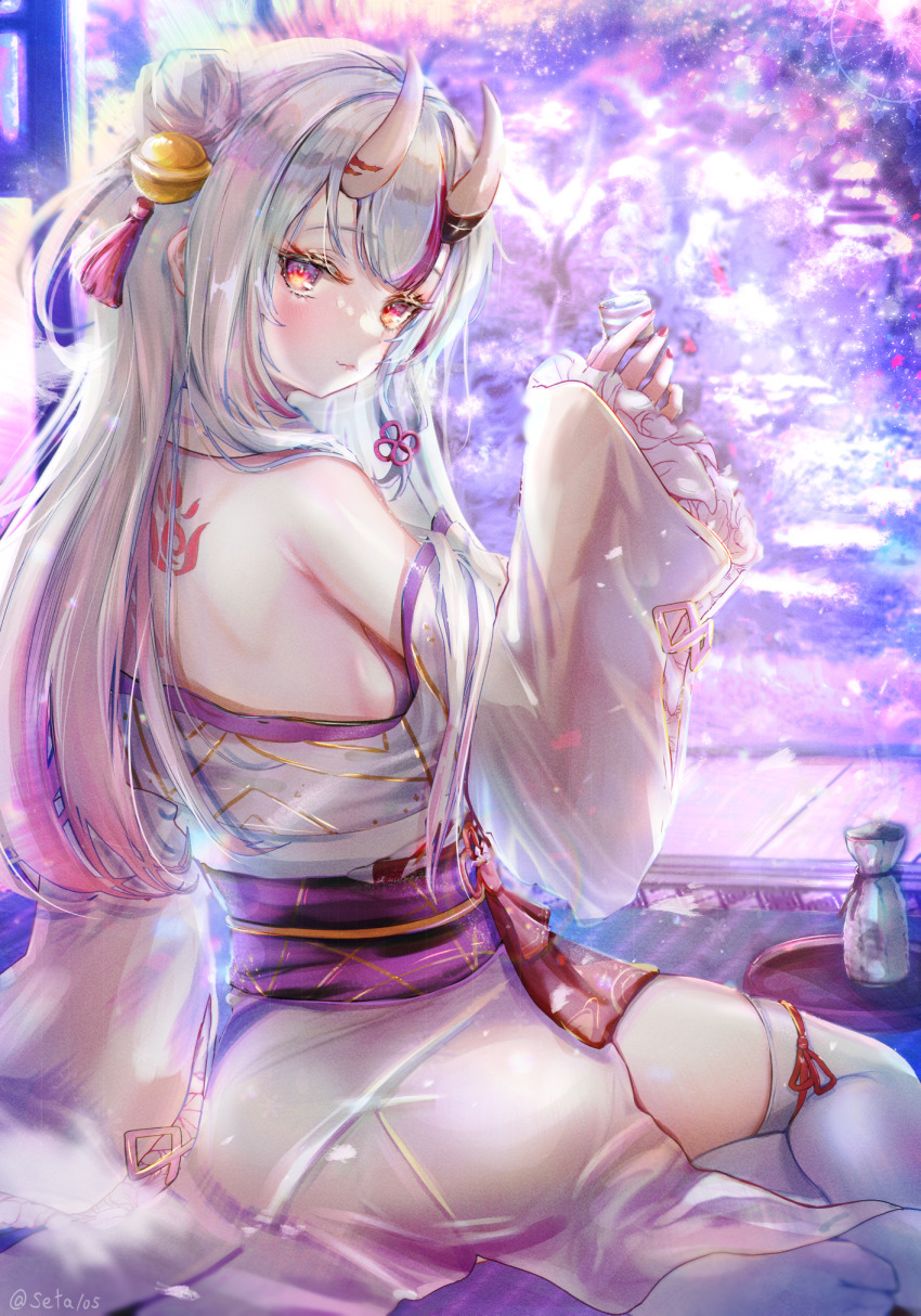 1girl, adapted_costume, alternate_costume, ass, back_tattoo, bare_back, bare_shoulders, bell