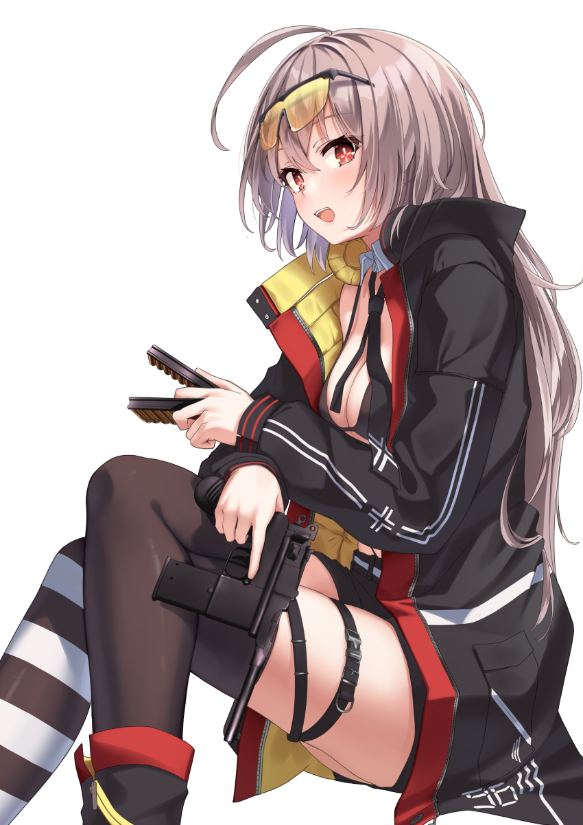 1girl, absurdres, ahoge, asymmetrical_legwear, bikini, bikini_top_only, black_bikini, black_coat