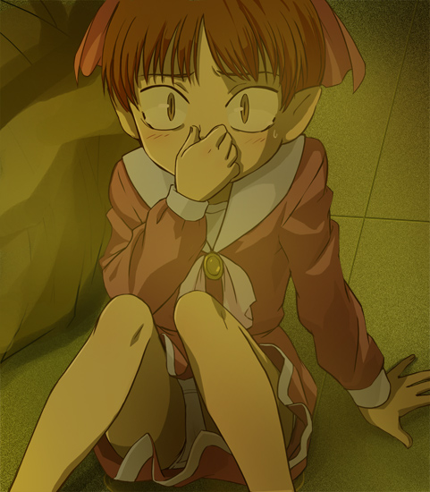 1girl, bow, feet_out_of_frame, gegege_no_kitarou, hair_bow, haruyama_kazunori, holding_nose, looking_at_viewer