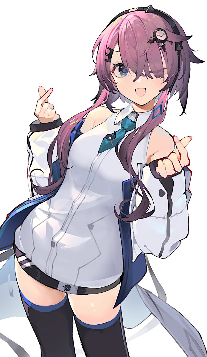 1girl, black_thighhighs, blue_eyes, cevio, dress, fii-chan_(cevio), gradient_hair, hair_between_eyes, hair_ornament, hair_over_one_eye, hairclip, highres, jacket, long_sleeves, looking_at_viewer, mole, mole_under_eye, multicolored_hair, nail_polish, one_eye_closed, open_mouth, pink_hair, pink_nails, purple_hair, shirinda_fureiru, short_hair_with_long_locks, simple_background, sleeveless, sleeveless_dress, solo, thighhighs, white_background, white_dress, white_jacket