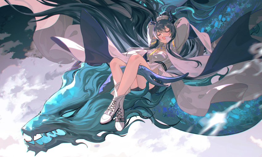 1girl, absurdres, arknights, arms_behind_back, blue_hair, blush, braid, closed_eyes