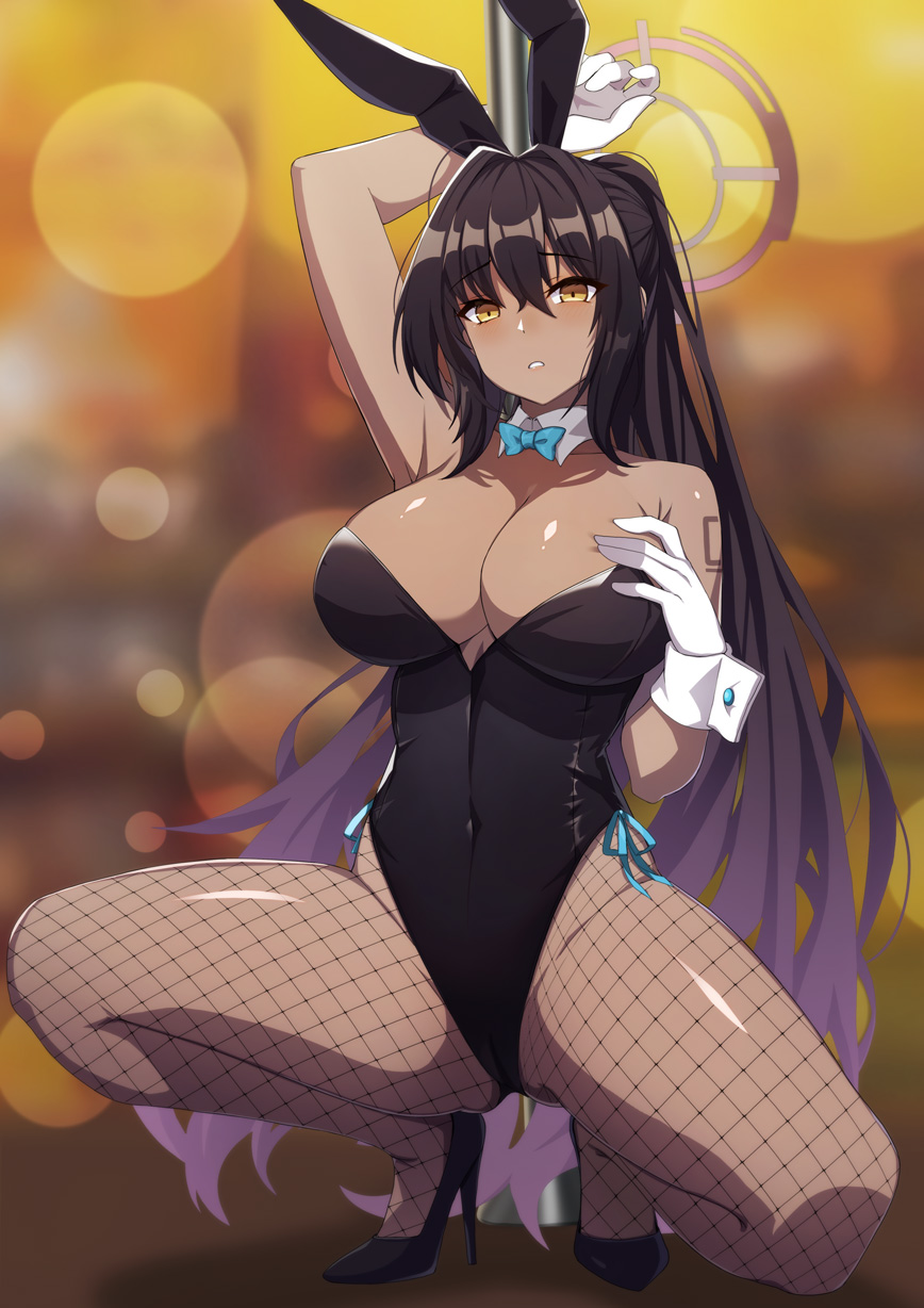1girl, animal_ears, arm_up, bare_shoulders, black_footwear, black_hair, black_leotard, blue_archive