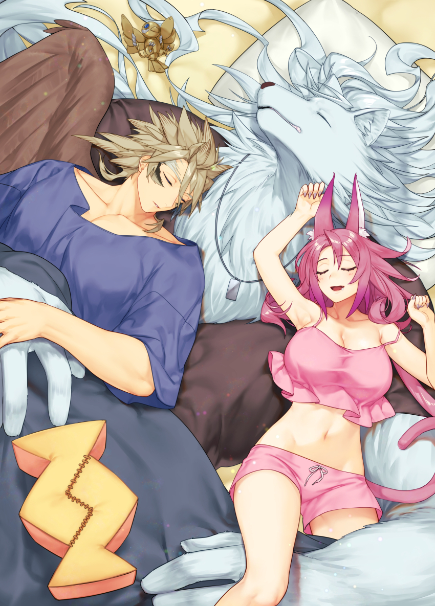 1girl, 2boys, absurdres, animal_ears, bird, breasts, commentary_request, crop_top