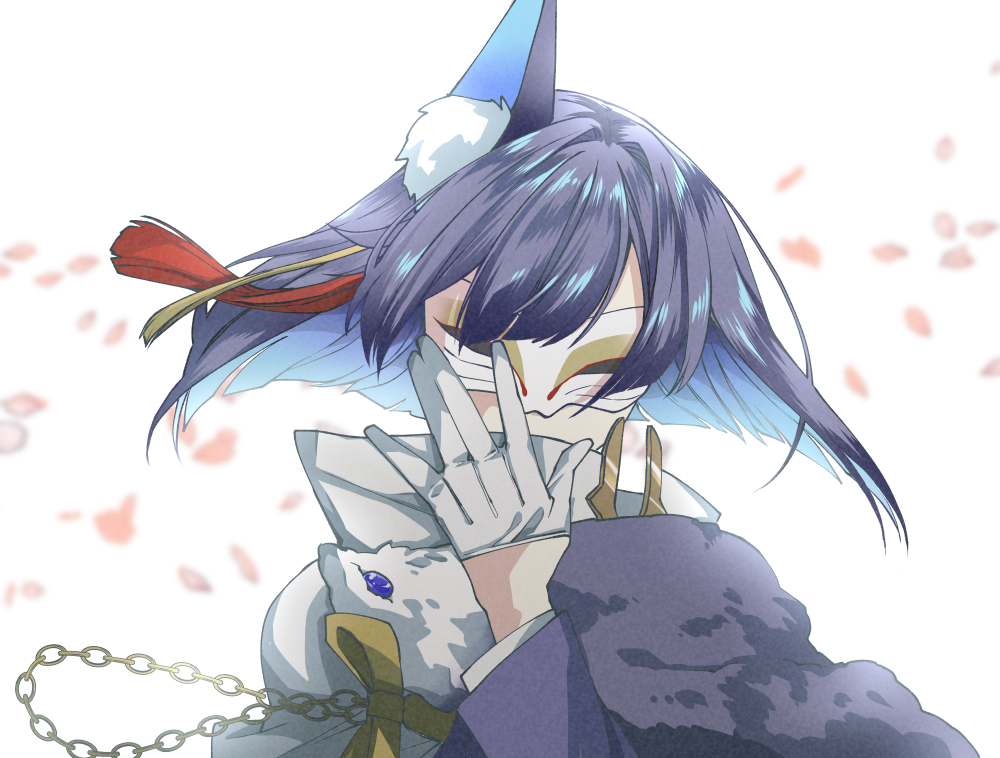 1boy, animal_ear_fluff, animal_ears, black_hair, blue_hair, bob_cut, chain, character_request, colored_inner_hair, covered_eyes, covered_mouth, eye_mask, floating_hair, fox_ears, fox_mask, fur_trim, gloves, hair_ornament, hand_up, high_collar, kanagawa_haiji, long_sleeves, male_focus, mask, multicolored_hair, petals, portrait, purple_hair, single_animal_ear, solo, streaked_hair, tassel, tassel_hair_ornament, touken_ranbu, two-tone_hair, white_background, white_gloves