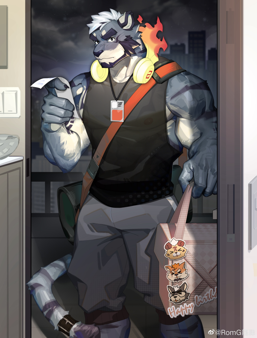 >_<, 1boy, absurdres, animal_ears, artist_request, backpack, bag, bara