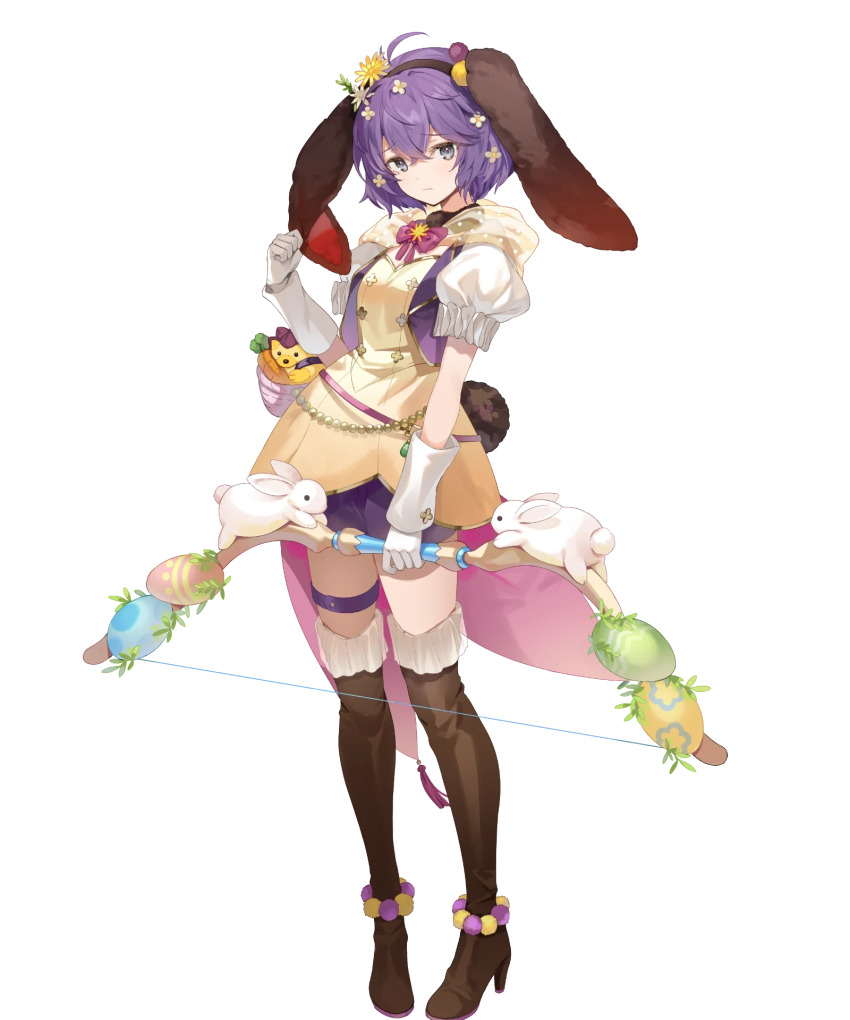 1girl, animal_ears, bernadetta_von_varley, bernadetta_von_varley_(spring), boots, bow_(weapon), closed_mouth, cute_weapon, dress, fake_animal_ears, fake_tail, fire_emblem, fire_emblem:_three_houses, fire_emblem_heroes, flower, frills, full_body, gloves, green_eyes, hair_ornament, hand_up, high_heels, highres, hood, hood_down, looking_at_viewer, nintendo, non-web_source, official_art, polka_dot, pom_pom_(clothes), puffy_short_sleeves, puffy_sleeves, purple_eyes, rabbit_ears, rabbit_tail, ribbon, see-through_clothes, short_dress, short_hair, short_sleeves, shorts, solo, standing, stuffed_animal, stuffed_toy, tail, thigh_boots, thigh_strap, thighhighs, transparent_background, weapon, zettai_ryouiki