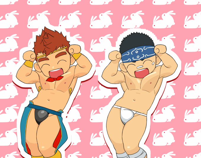 2boys, :d, ainu, animated, animated_gif, bandaged_leg, bandages, bandaid, bandaid_on_face, bandaid_on_nose, bara, black_hair, black_male_swimwear, black_swim_briefs, bouncing_bulge, bouncing_pecs, bulge, caramelldansen, chinese_zodiac, facial_hair, feet_out_of_frame, fundoshi, gyee, headband, itto_(mentaiko), japanese_clothes, kamui_(gyee), kong_(gyee), large_pectorals, long_sideburns, male_focus, male_swimwear, multiple_boys, muscular, muscular_male, navel, nipples, open_mouth, orange_hair, parody, pectorals, rabbit_background, red_hair, short_hair, sideburns, smile, spiked_hair, stomach, stubble, swim_briefs, swimsuit, thick_eyebrows, thighs, topless_male, white_male_swimwear, white_swim_briefs, year_of_the_rabbit