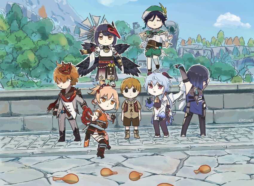 3boys, 4girls, black_hair, blonde_hair, blue_hair, bridge, brown_hair, chicken_(food)