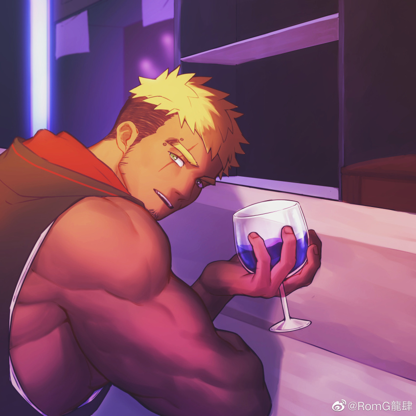 1boy, bara, bare_arms, bare_shoulders, black_hoodie, blonde_hair, commission, cup, dark-skinned_male, dark_skin, drinking_glass, facial_hair, from_side, goatee, gou_mangwu, gyee, highres, holding, holding_cup, hood, hoodie, indoors, large_pectorals, looking_at_viewer, looking_back, male_focus, mature_male, multicolored_hair, muscular, muscular_male, original, pectorals, romg, scar, scar_across_eye, scar_on_face, second-party_source, short_hair, sideburns, sidepec, sleeveless, sleeveless_hoodie, solo, thick_eyebrows, two-tone_hair, undercut, wine_glass