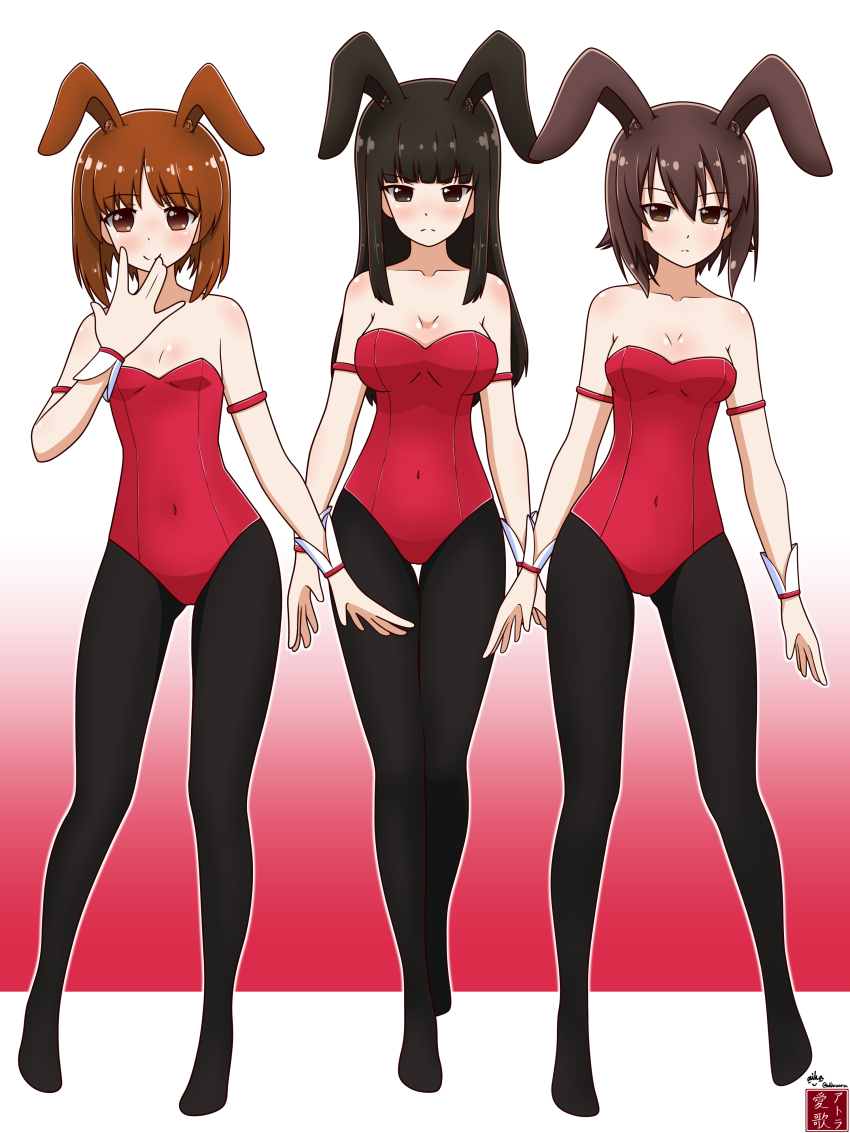 3girls, absurdres, aikazilla, animal_ears, black_leggings, girls_und_panzer, gradient_background, highres, leggings, leotard, mature_female, mother_and_child, mother_and_daughter, multiple_girls, nishizumi_maho, nishizumi_miho, nishizumi_shiho, orange_eyes, orange_hair, parent_and_child, playboy_bunny, rabbit_ears, red_leotard, serious, siblings, sisters, smile