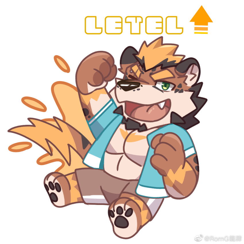 1boy, alternate_costume, animal_ears, bara, bare_pectorals, brown_shorts, chibi, facial_hair