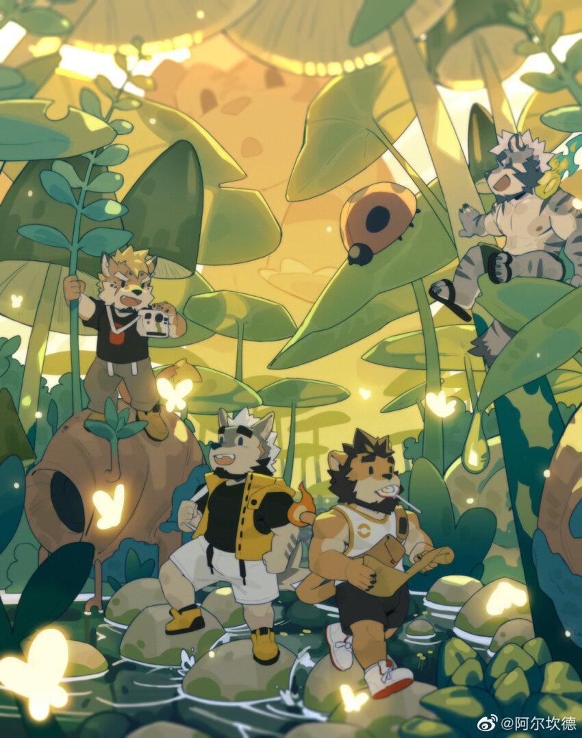 4boys, alca_(wakatanka4), alca_the_lion, alternate_costume, animal_ears, bara, beard, beenic