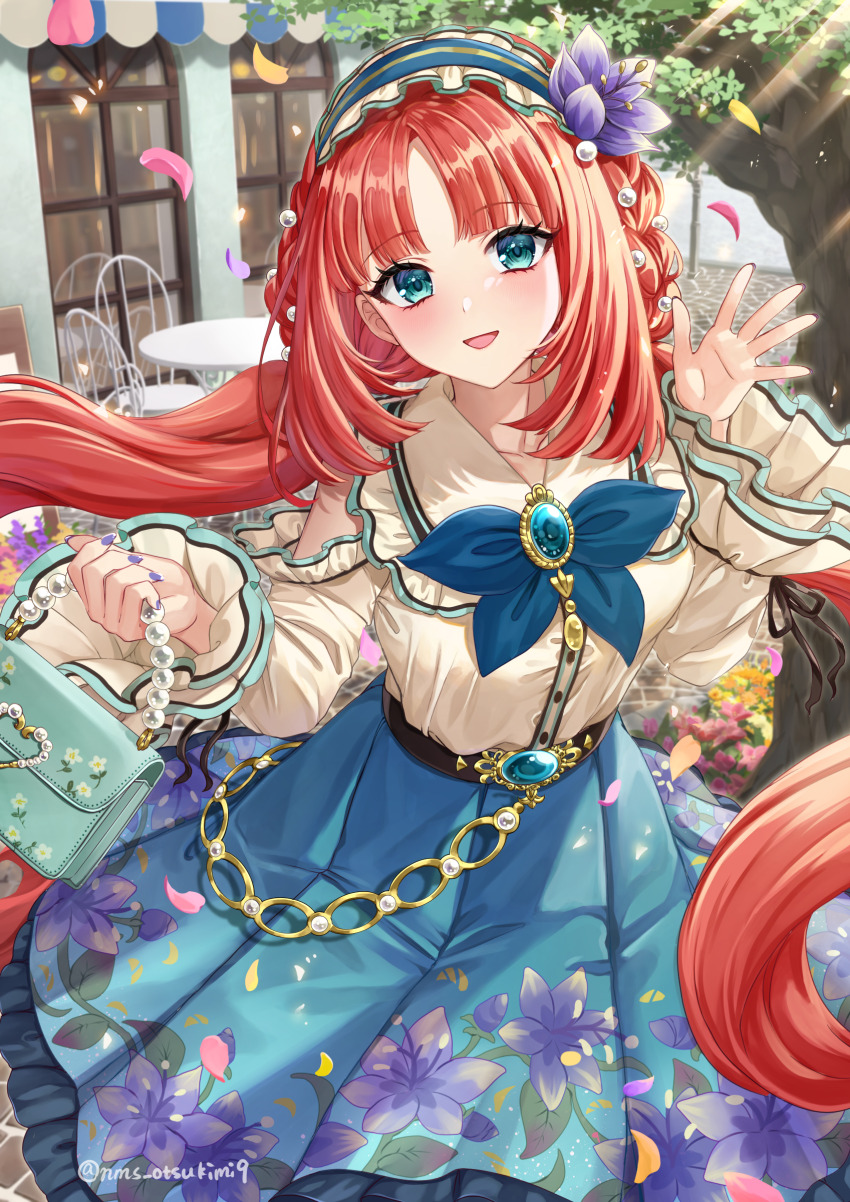 1girl, :d, absurdres, alternate_costume, aqua_eyes, bag, beads, belt