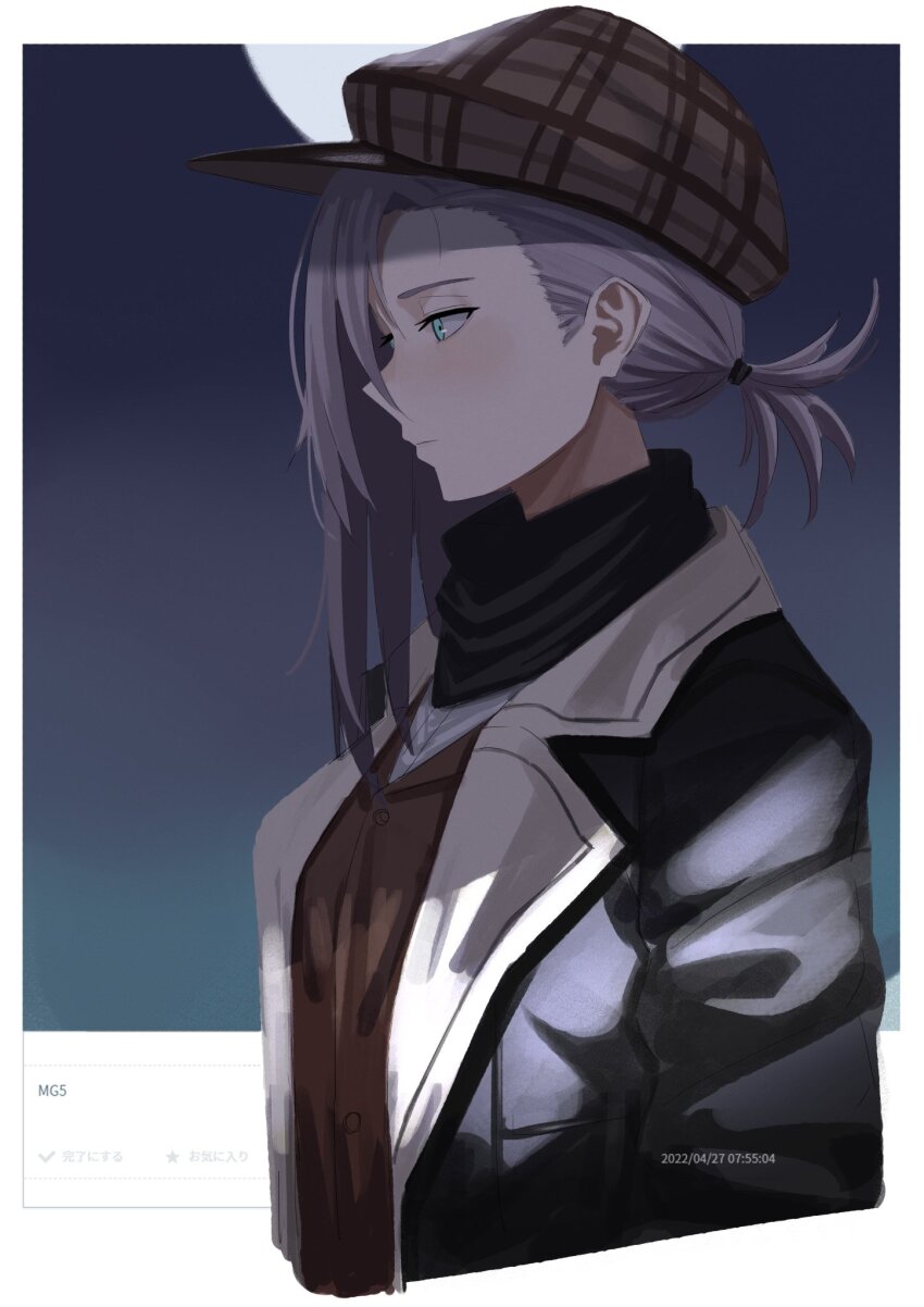 1girl, blue_eyes, character_name, coat, dated, expressionless, from_side, girls'_frontline