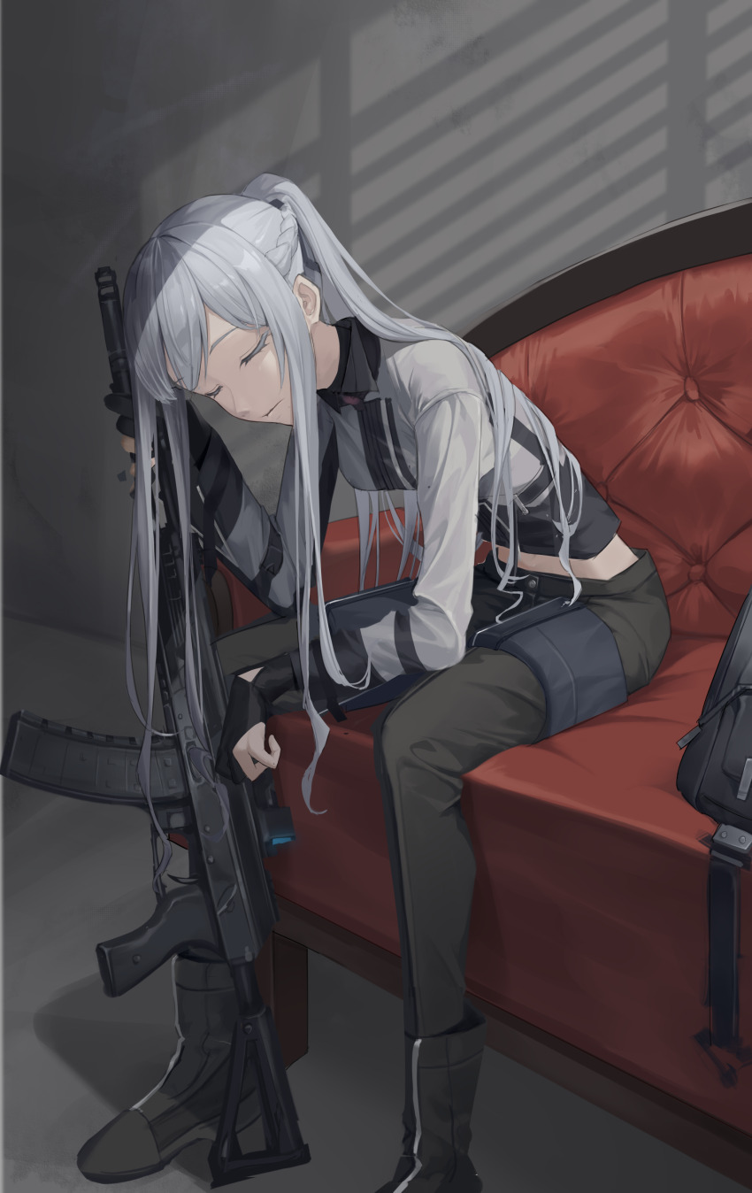 1girl, absurdres, ak-12, ak-12_(girls'_frontline), assault_rifle, black_gloves, black_pants, boots, closed_eyes, commentary_request, couch, elbow_on_knee, expressionless, foot_out_of_frame, girls'_frontline, gloves, grey_hair, grey_shirt, gun, highres, holding, holding_gun, holding_weapon, indoors, kalashnikov_rifle, leaning_forward, long_hair, long_sleeves, midriff, pants, partially_fingerless_gloves, ponytail, rifle, senkou_(dwrp3257), shirt, sidelocks, sitting, solo, weapon