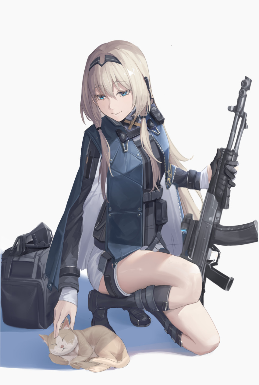 1girl, an-94, an-94_(girls'_frontline), an-94_(mod3)_(girls'_frontline), assault_rifle, bag, blonde_hair, blue_eyes