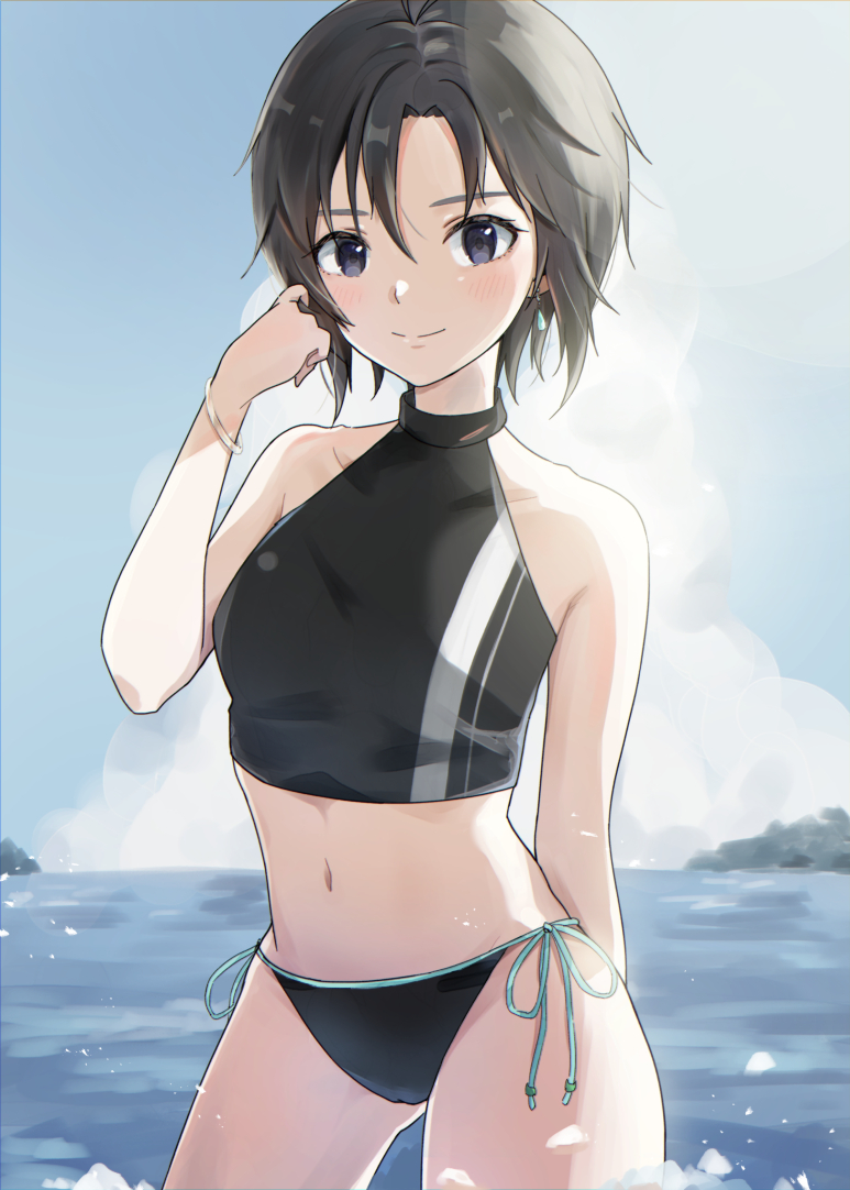 1girl, antenna_hair, bikini, black_bikini, black_eyes, black_hair, blue_sky, breasts