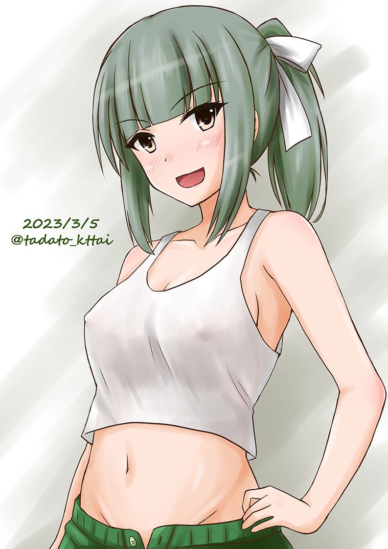 1girl, alternate_costume, blunt_bangs, bow, brown_eyes, commentary_request, covered_erect_nipples, crop_top