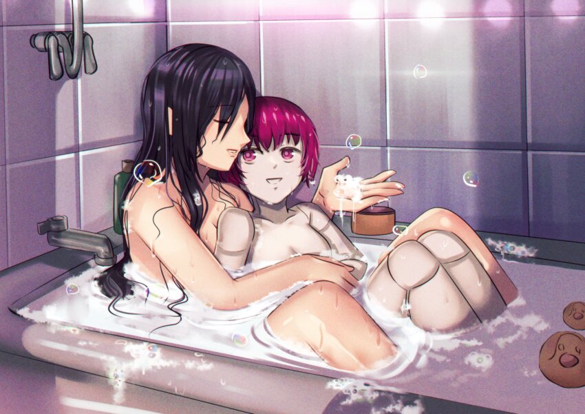 2girls, absurdres, android, bath, bathing, bathroom, bathtub, betty_(va-11_hall-a), black_hair, breasts, colored_skin, commentary, commission, completely_nude, convenient_censoring, dorothy_haze, gotuya, hair_down, highres, hug, hug_from_behind, long_hair, medium_breasts, multiple_girls, nude, purple_eyes, purple_hair, rubber_duck, same-sex_bathing, shared_bathing, short_hair, sitting, sitting_on_lap, sitting_on_person, small_breasts, soap_bubbles, soap_censor, thai_commentary, tile_wall, tiles, va-11_hall-a, wet, wet_hair, white_skin, yuri